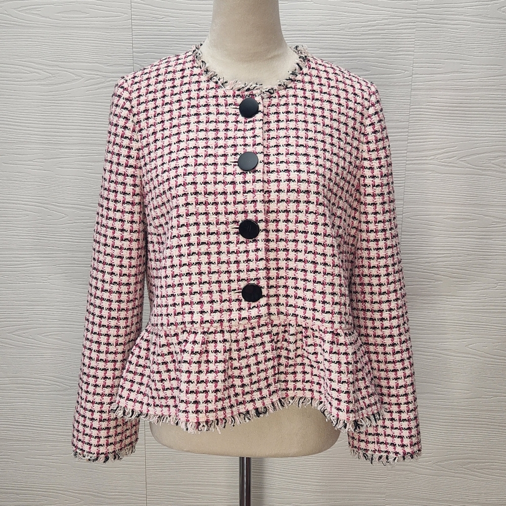 Kate Spade New York Pink Cropped Tweed Peplum Jacket Size 8 Fringe Bold Buttons - Picture 4 of 15